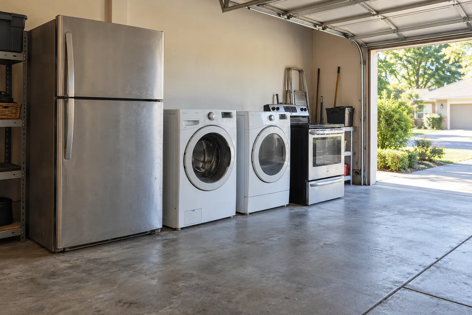 Several household appliances staged neatly in a garage
